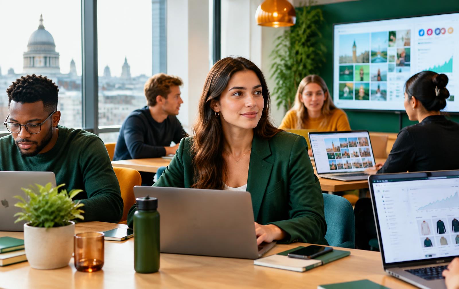 Students learning online business skills in a modern workspace